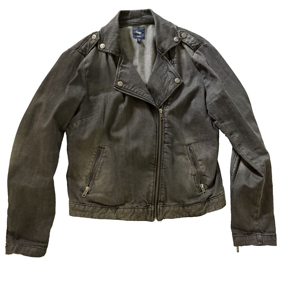 Gap Womens M Moto Denim Jacket Gray Y2K Biker Whiskered Zip Up Short Vintage